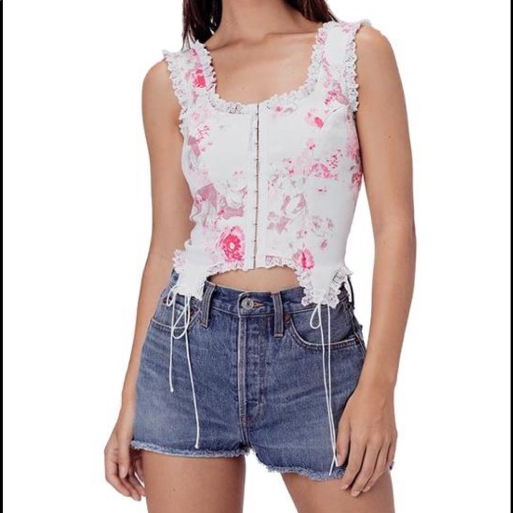 For Love & Lemons Sheridan Mills Pink Floral Denim Corset Bustier Top size Large